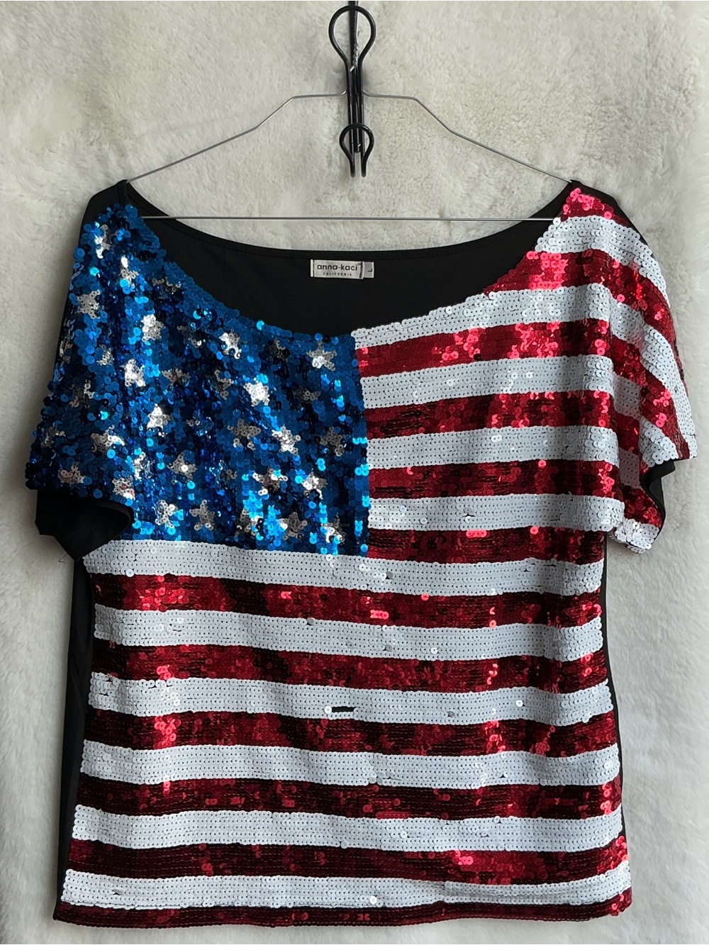 Anna-Kaci Women's Sequin American Flag Top in Red, White & Blue